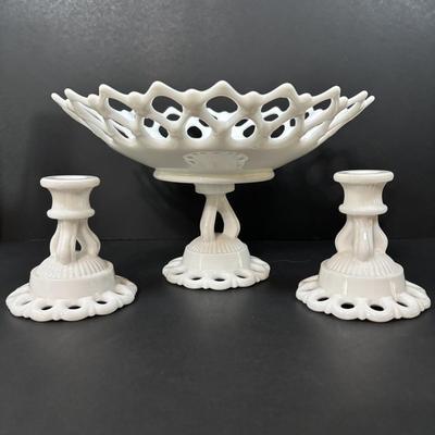LOT 125: Westmorland Milk Glass Lace Pedestal Fruit Bowl w/Matching Candle Sticks
