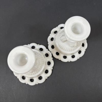 LOT 125: Westmorland Milk Glass Lace Pedestal Fruit Bowl w/Matching Candle Sticks