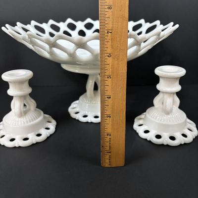 LOT 125: Westmorland Milk Glass Lace Pedestal Fruit Bowl w/Matching Candle Sticks