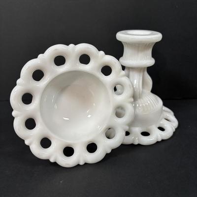 LOT 125: Westmorland Milk Glass Lace Pedestal Fruit Bowl w/Matching Candle Sticks