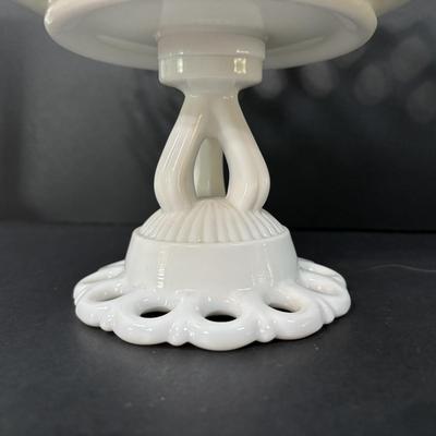 LOT 125: Westmorland Milk Glass Lace Pedestal Fruit Bowl w/Matching Candle Sticks