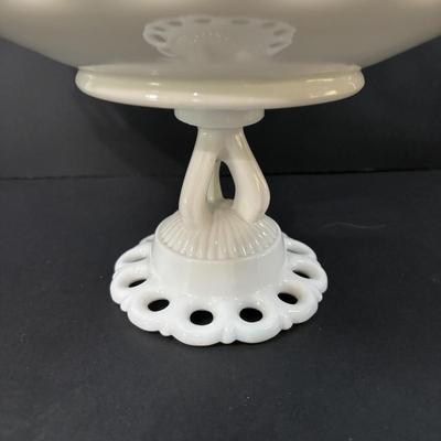 LOT 125: Westmorland Milk Glass Lace Pedestal Fruit Bowl w/Matching Candle Sticks