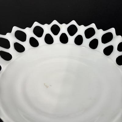 LOT 125: Westmorland Milk Glass Lace Pedestal Fruit Bowl w/Matching Candle Sticks