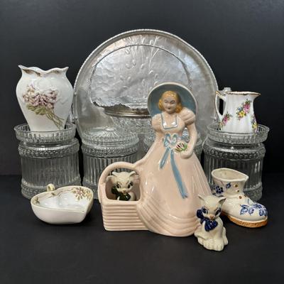 LOT 127: Lovely Hull Pottery Southern Belle Planter, Hammered Aluminum Serving Tray and Candy Dish, Avon Glass Vanity Jars & More