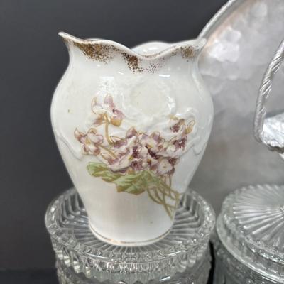 LOT 127: Lovely Hull Pottery Southern Belle Planter, Hammered Aluminum Serving Tray and Candy Dish, Avon Glass Vanity Jars & More