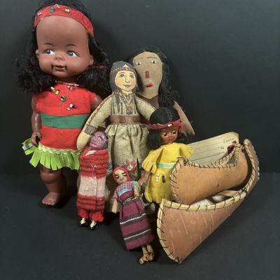 LOT 135: Vintage Native American Indian Dolls, Dolls for Repair, Skookum Doll, Handcrafted Replica Birch Canoes & Beaded Necklaces
