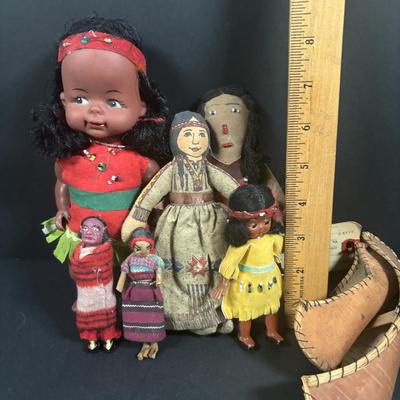 LOT 135: Vintage Native American Indian Dolls, Dolls for Repair, Skookum Doll, Handcrafted Replica Birch Canoes & Beaded Necklaces