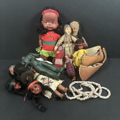 LOT 135: Vintage Native American Indian Dolls, Dolls for Repair, Skookum Doll, Handcrafted Replica Birch Canoes & Beaded Necklaces