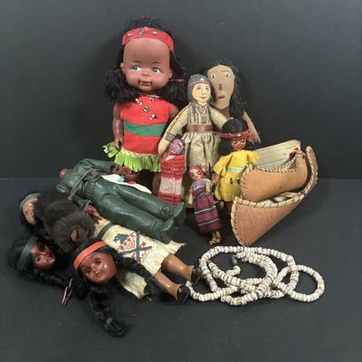 LOT 135: Vintage Native American Indian Dolls, Dolls for Repair, Skookum Doll, Handcrafted Replica Birch Canoes & Beaded Necklaces
