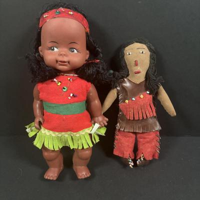 LOT 135: Vintage Native American Indian Dolls, Dolls for Repair, Skookum Doll, Handcrafted Replica Birch Canoes & Beaded Necklaces