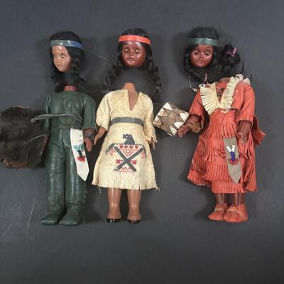 LOT 135: Vintage Native American Indian Dolls, Dolls for Repair, Skookum Doll, Handcrafted Replica Birch Canoes & Beaded Necklaces