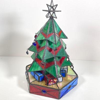 LOT 176: Vintage Stained Glass Christmas Tree on Base / Stand