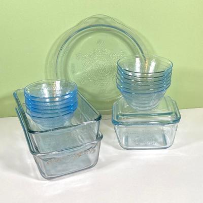 LOT 180: Fire King Oven Glass Collection - 2 Rectangular Casserole Dishes, Small Lidded Rectangular Refrigerator Dish, Plate, Bowl,...