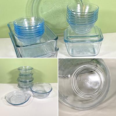LOT 180: Fire King Oven Glass Collection - 2 Rectangular Casserole Dishes, Small Lidded Rectangular Refrigerator Dish, Plate, Bowl,...