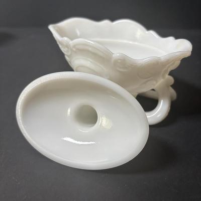 LOT 219: Vintage Slag Glass Star Candle Holders, Milk Glass Santa Cover Sleigh Dish, Lenox Old World Santa