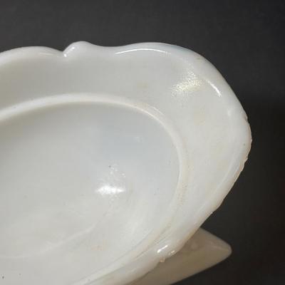 LOT 219: Vintage Slag Glass Star Candle Holders, Milk Glass Santa Cover Sleigh Dish, Lenox Old World Santa