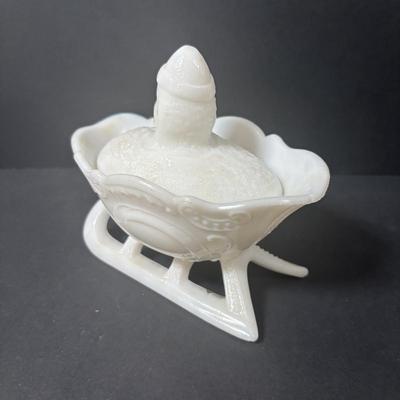 LOT 219: Vintage Slag Glass Star Candle Holders, Milk Glass Santa Cover Sleigh Dish, Lenox Old World Santa