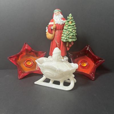 LOT 219: Vintage Slag Glass Star Candle Holders, Milk Glass Santa Cover Sleigh Dish, Lenox Old World Santa