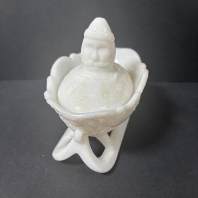 LOT 219: Vintage Slag Glass Star Candle Holders, Milk Glass Santa Cover Sleigh Dish, Lenox Old World Santa