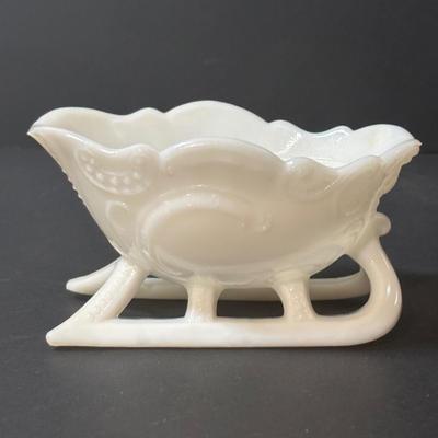 LOT 219: Vintage Slag Glass Star Candle Holders, Milk Glass Santa Cover Sleigh Dish, Lenox Old World Santa