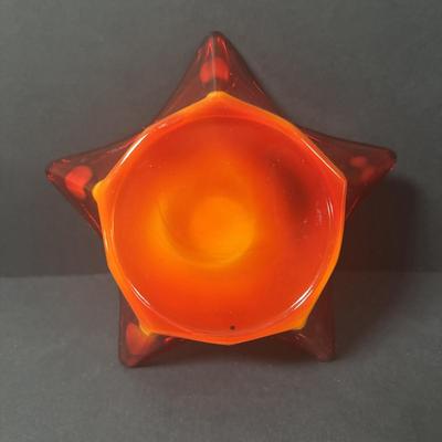 LOT 219: Vintage Slag Glass Star Candle Holders, Milk Glass Santa Cover Sleigh Dish, Lenox Old World Santa