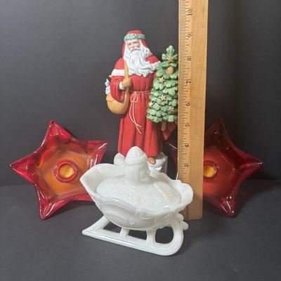 LOT 219: Vintage Slag Glass Star Candle Holders, Milk Glass Santa Cover Sleigh Dish, Lenox Old World Santa