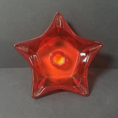 LOT 219: Vintage Slag Glass Star Candle Holders, Milk Glass Santa Cover Sleigh Dish, Lenox Old World Santa