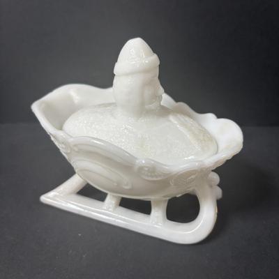 LOT 219: Vintage Slag Glass Star Candle Holders, Milk Glass Santa Cover Sleigh Dish, Lenox Old World Santa
