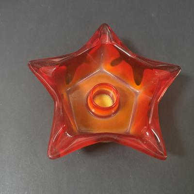 LOT 219: Vintage Slag Glass Star Candle Holders, Milk Glass Santa Cover Sleigh Dish, Lenox Old World Santa