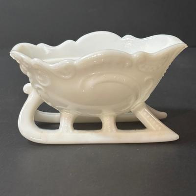 LOT 219: Vintage Slag Glass Star Candle Holders, Milk Glass Santa Cover Sleigh Dish, Lenox Old World Santa