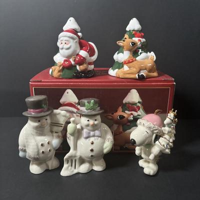 LOT 220: Lenox Holiday Collection: Rudolph & Santa Salt/Pepper Shakers, Frosty the Snowman Salt/Pepper Shakers and Snoopy Ornament