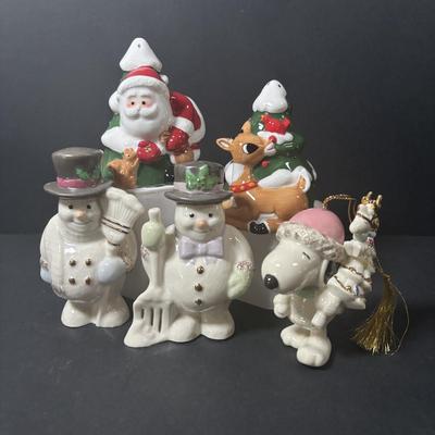 LOT 220: Lenox Holiday Collection: Rudolph & Santa Salt/Pepper Shakers, Frosty the Snowman Salt/Pepper Shakers and Snoopy Ornament