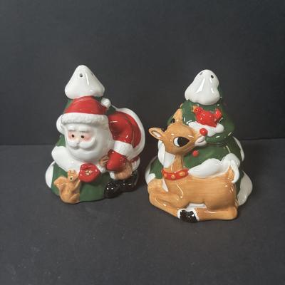 LOT 220: Lenox Holiday Collection: Rudolph & Santa Salt/Pepper Shakers, Frosty the Snowman Salt/Pepper Shakers and Snoopy Ornament