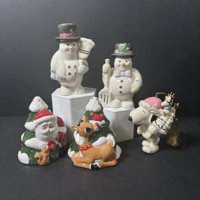 LOT 220: Lenox Holiday Collection: Rudolph & Santa Salt/Pepper Shakers, Frosty the Snowman Salt/Pepper Shakers and Snoopy Ornament