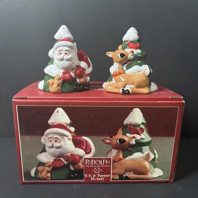 LOT 220: Lenox Holiday Collection: Rudolph & Santa Salt/Pepper Shakers, Frosty the Snowman Salt/Pepper Shakers and Snoopy Ornament