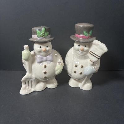 LOT 220: Lenox Holiday Collection: Rudolph & Santa Salt/Pepper Shakers, Frosty the Snowman Salt/Pepper Shakers and Snoopy Ornament