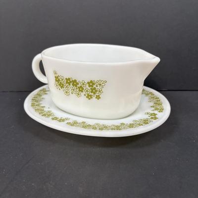 LOT 229: Fire King Mixing Bowl, Pyrex Spring Blossom Gravy Boat, Swanky Swig Kraft Juice Glasses, Farmhouse Storage Jar & Green...