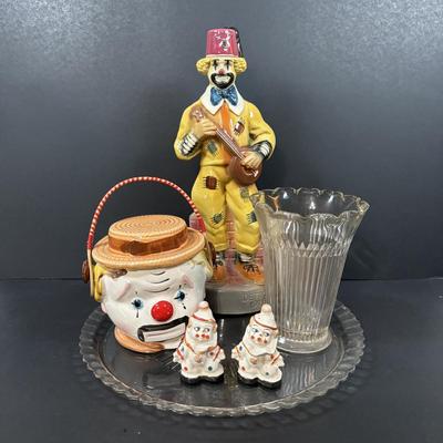 LOT 230: Ezra Brooks Shriner Clown Decanter, Sad Clown Biscuit Jar, Salt /Pepper Clowns and More
