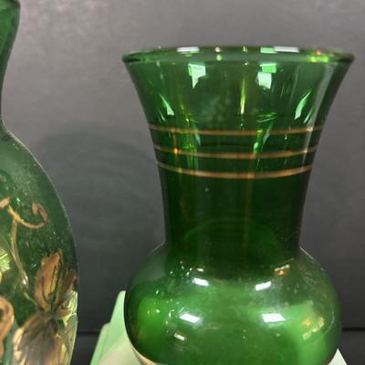 LOT 233: Forest Green Punch Bowl Set w/Glass Ladle along with Emerald Green Vases