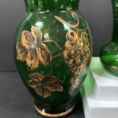 LOT 233: Forest Green Punch Bowl Set w/Glass Ladle along with Emerald Green Vases