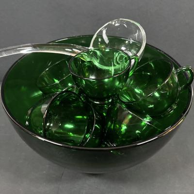 LOT 233: Forest Green Punch Bowl Set w/Glass Ladle along with Emerald Green Vases
