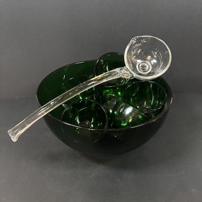 LOT 233: Forest Green Punch Bowl Set w/Glass Ladle along with Emerald Green Vases