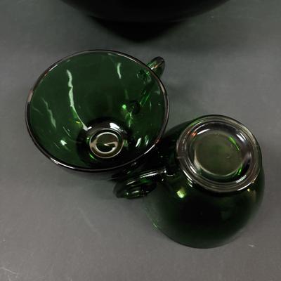 LOT 233: Forest Green Punch Bowl Set w/Glass Ladle along with Emerald Green Vases