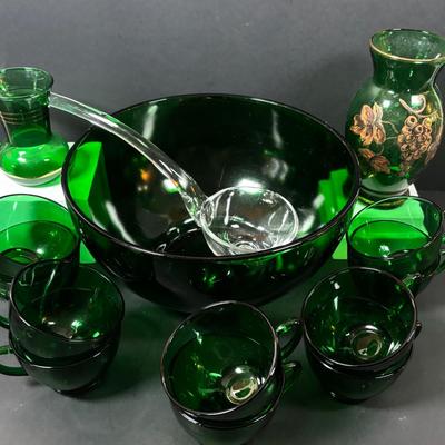 LOT 233: Forest Green Punch Bowl Set w/Glass Ladle along with Emerald Green Vases