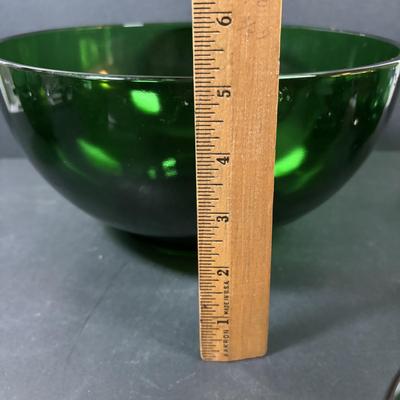 LOT 233: Forest Green Punch Bowl Set w/Glass Ladle along with Emerald Green Vases