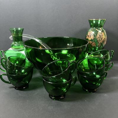 LOT 233: Forest Green Punch Bowl Set w/Glass Ladle along with Emerald Green Vases
