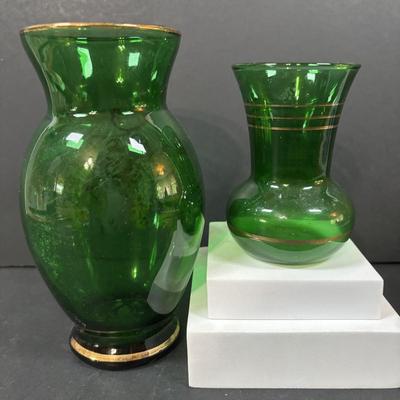 LOT 233: Forest Green Punch Bowl Set w/Glass Ladle along with Emerald Green Vases