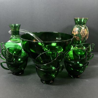 LOT 233: Forest Green Punch Bowl Set w/Glass Ladle along with Emerald Green Vases