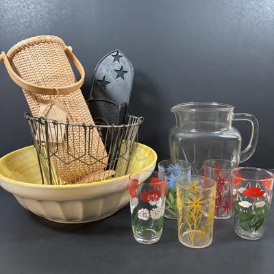 LOT 241: Yellow Swirl Bowl USA, Nantucket Hand Crafted Basket, Swanky Swig Kraft Juice Glasses & More