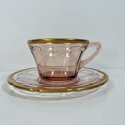 LOT 243: Pick Depression Glass with Gold Rim Collection: Tib-Bit Tray, Dessert Dishes, Teacups